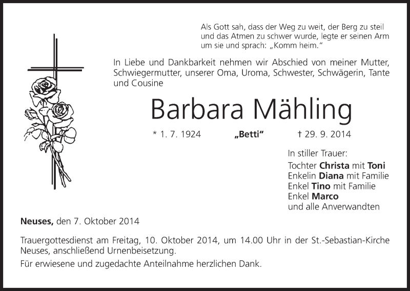  Traueranzeige für Barbara Mähling vom 07.10.2014 aus MGO