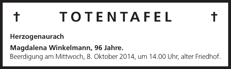  Traueranzeige für Totentafel vom 07.10.2014 vom 07.10.2014 aus MGO