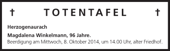 Anzeige von Totentafel vom 07.10.2014 von MGO