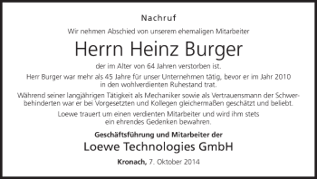 Anzeige von Heinz Burger von MGO