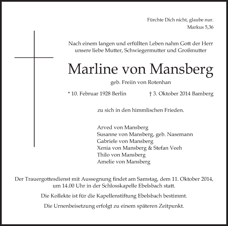  Traueranzeige für Marline von Mansberg vom 08.10.2014 aus MGO