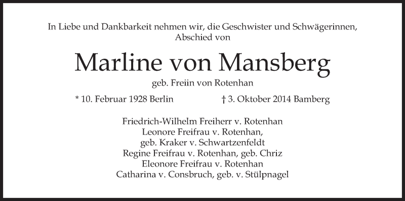  Traueranzeige für Marline von Mansberg vom 08.10.2014 aus MGO
