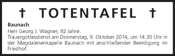 Anzeige von Totentafel vom 08.10.2014 von MGO