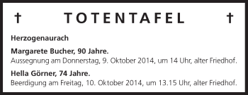 Anzeige von Totentafel vom 08.10.2014 von MGO