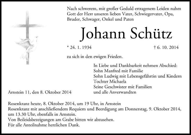  Traueranzeige für Johann Schütz vom 08.10.2014 aus MGO