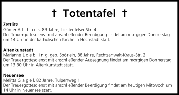Anzeige von Totentafel vom 08.10.2014 von MGO