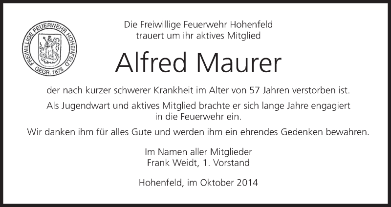  Traueranzeige für Alfred Maurer vom 08.10.2014 aus MGO