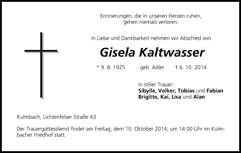  Traueranzeige für Gisela Kaltwasser vom 08.10.2014 aus MGO