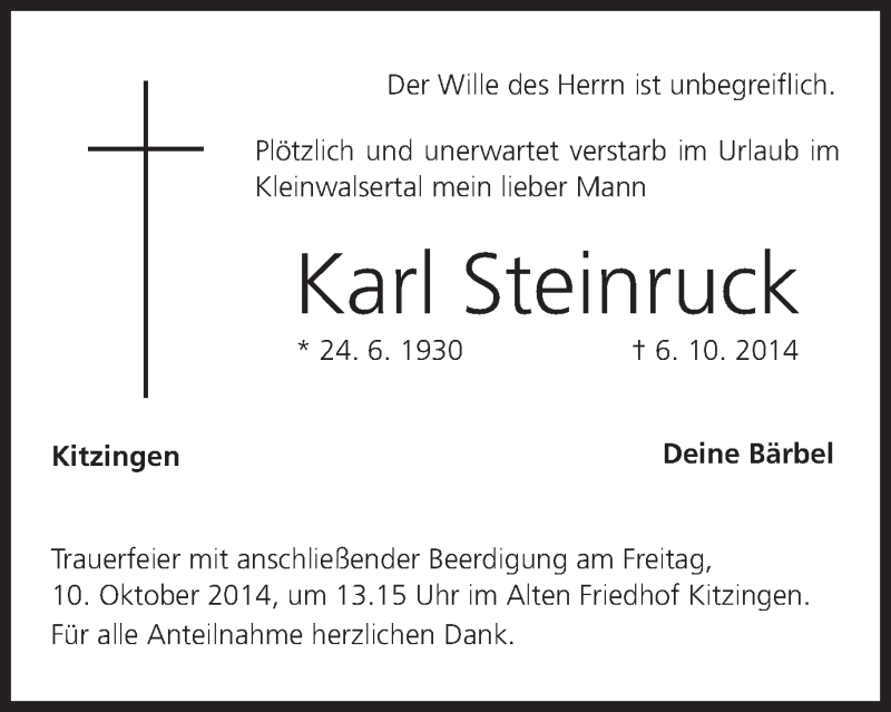  Traueranzeige für Karl Steinruck vom 09.10.2014 aus MGO