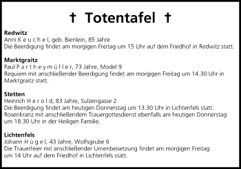 Anzeige von Totentafel vom 09.10.2014 von MGO