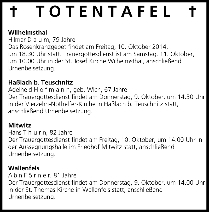  Traueranzeige für Totentafel vom 09.10.2014 vom 09.10.2014 aus MGO
