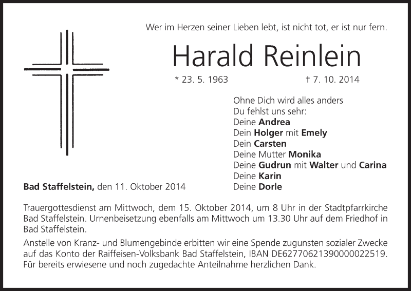  Traueranzeige für Harald Reinlein vom 11.10.2014 aus MGO