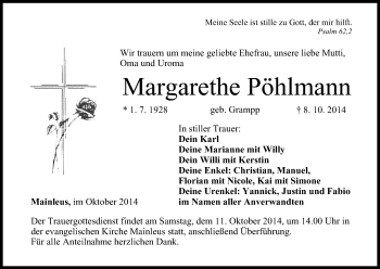 Anzeige von Margarethe Pöhlmann von MGO