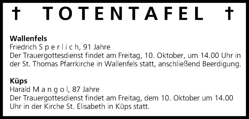  Traueranzeige für Totentafel vom 10.10.2014 vom 10.10.2014 aus MGO