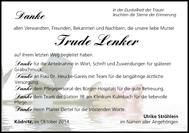  Traueranzeige für Trude Lenker vom 11.10.2014 aus MGO
