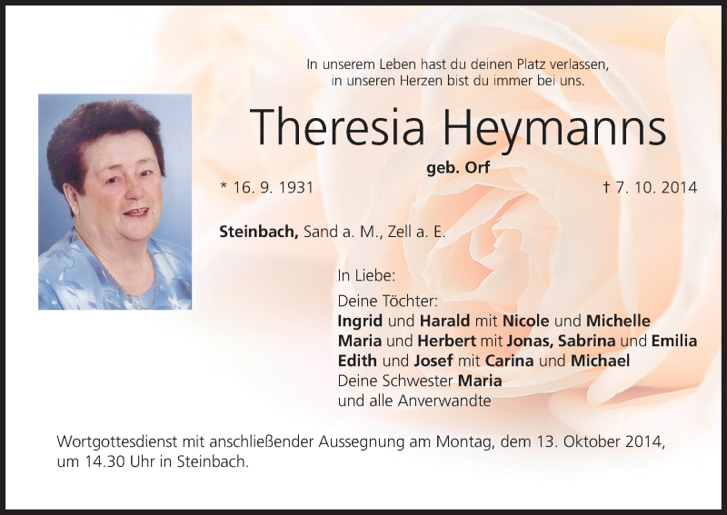  Traueranzeige für Theresia Heymanns vom 10.10.2014 aus MGO