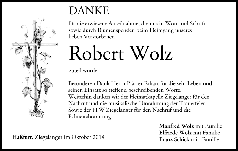  Traueranzeige für Robert Wolz vom 11.10.2014 aus MGO