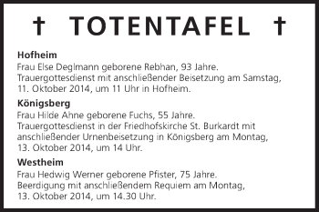 Anzeige von Totentafel vom 11.10.2014 von MGO