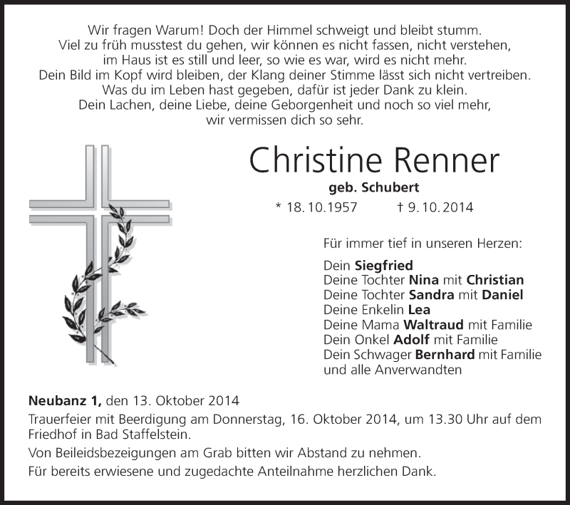  Traueranzeige für Christine Renner vom 13.10.2014 aus MGO