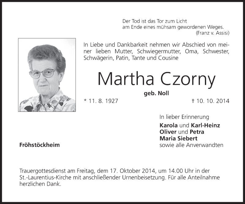  Traueranzeige für Martha Czorny vom 15.10.2014 aus MGO