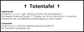 Anzeige von Totentafel vom 14.10.2014 von MGO
