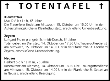 Anzeige von Totentafel vom 14.10.2014 von MGO
