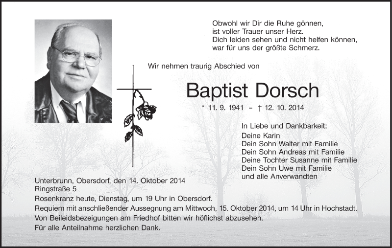  Traueranzeige für Baptist Dorsch vom 14.10.2014 aus MGO