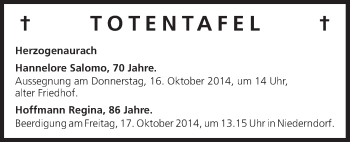 Anzeige von Totentafel vom 15.10.2014 von MGO