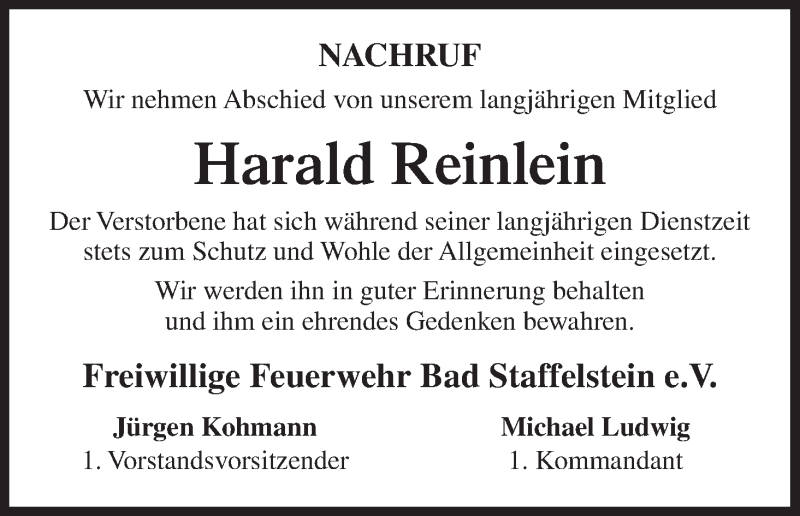  Traueranzeige für Harald Reinlein vom 15.10.2014 aus MGO