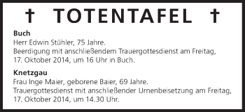 Anzeige von Totentafel vom 15.10.2014 von MGO