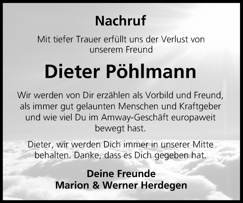  Traueranzeige für Dieter Pöhlmann vom 15.10.2014 aus MGO