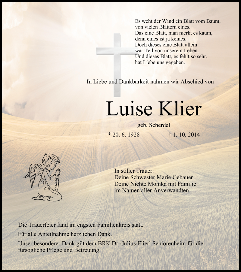  Traueranzeige für Luise Klier vom 17.10.2014 aus MGO