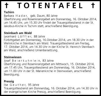 Anzeige von Totentafel vom 15.10.2014 von MGO