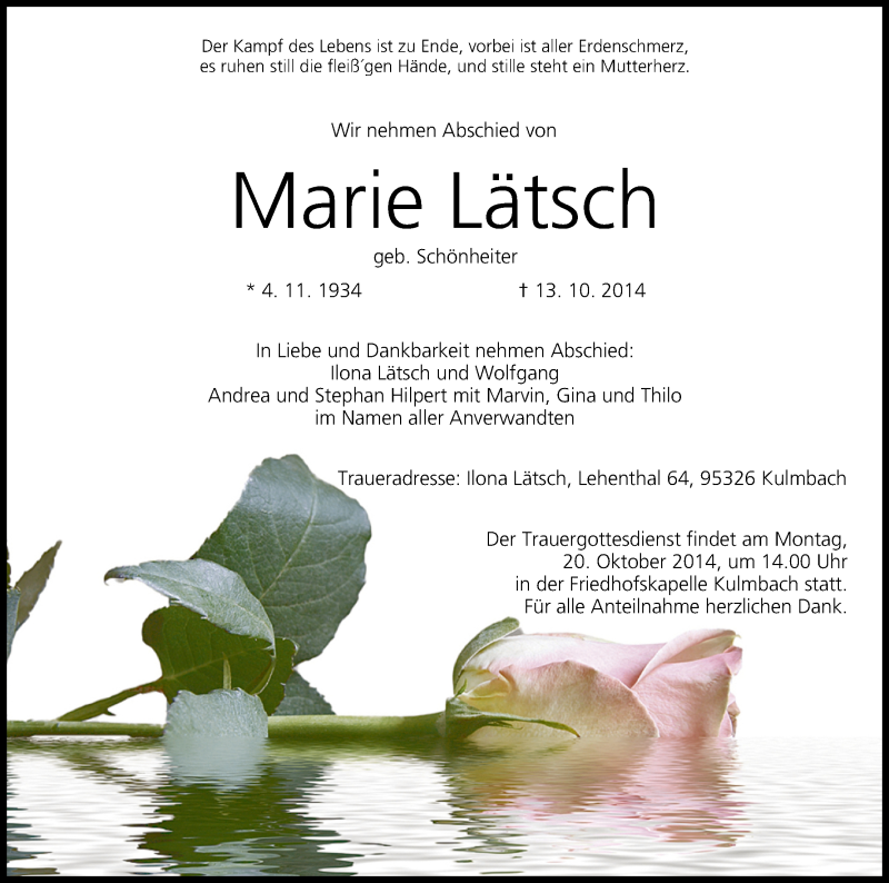  Traueranzeige für Marie Lätsch vom 17.10.2014 aus MGO