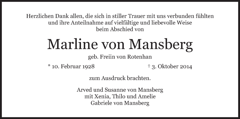  Traueranzeige für Marline von Mansberg vom 18.10.2014 aus MGO