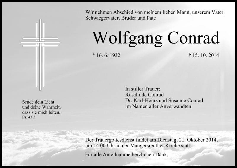 Traueranzeige für Wolfgang Conrad vom 18.10.2014 aus MGO