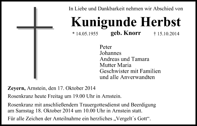  Traueranzeige für Kunigunde Herbst vom 17.10.2014 aus MGO