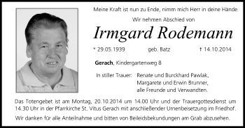 Anzeige von Irmgard Rodemann von MGO