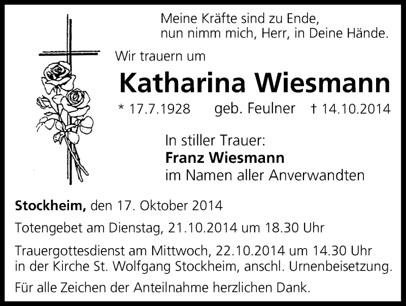  Traueranzeige für Katharina Wiesmann vom 17.10.2014 aus MGO
