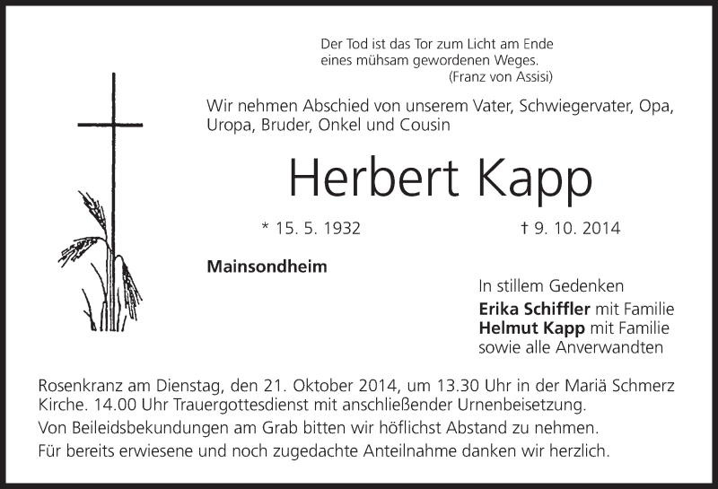  Traueranzeige für Herbert Kapp vom 18.10.2014 aus MGO