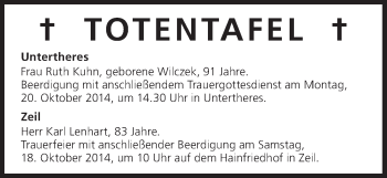 Anzeige von Totentafel vom 18.10.2014 von MGO