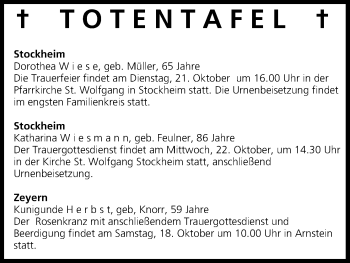 Anzeige von Totentafel vom 18.10.2014 von MGO