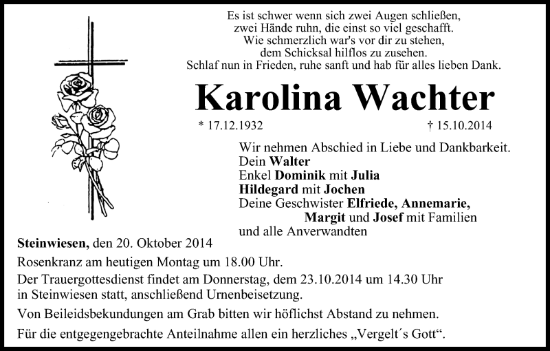  Traueranzeige für Karolina Wachter vom 20.10.2014 aus MGO