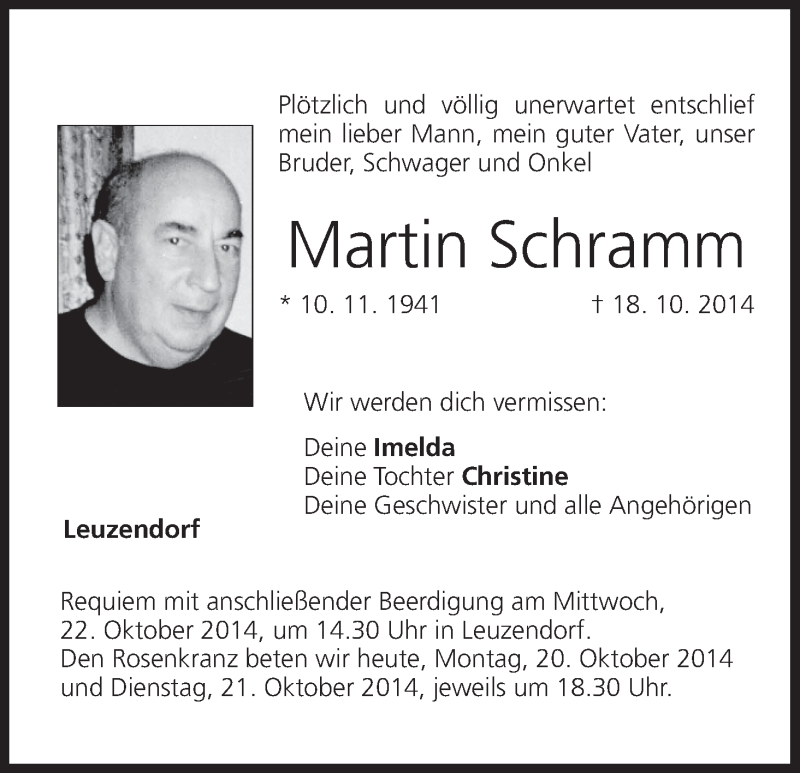  Traueranzeige für Martin Schramm vom 20.10.2014 aus MGO