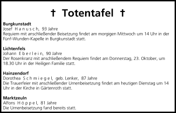 Anzeige von Totentafel vom 21.10.2014 von MGO