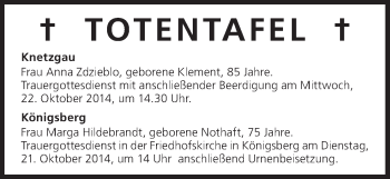 Anzeige von Totentafel vom 21.10.2014 von MGO