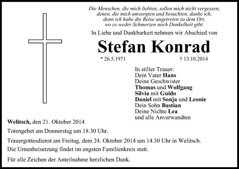  Traueranzeige für Stefan Konrad vom 21.10.2014 aus MGO
