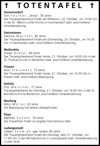 Anzeige von Totentafel vom 21.10.2014 von MGO