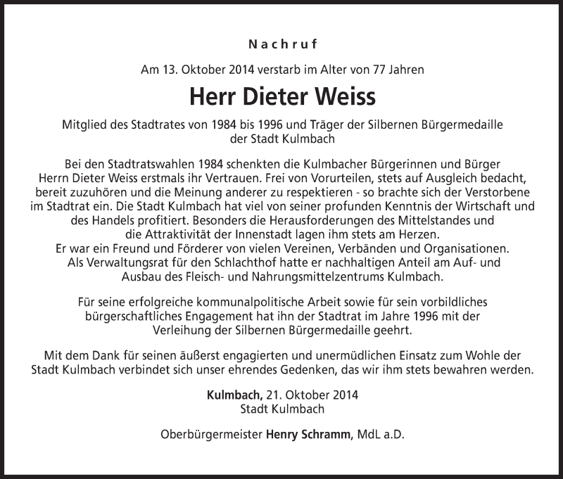 Traueranzeige für Dieter Weiss vom 21.10.2014 aus MGO