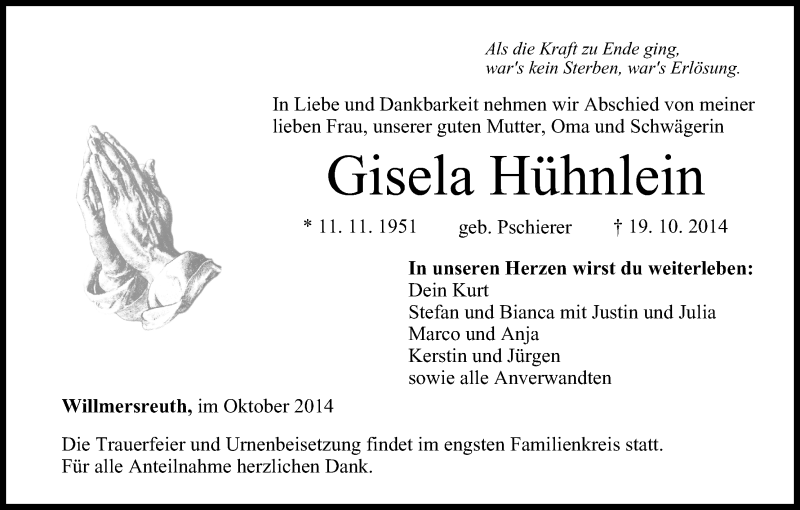  Traueranzeige für Gisela Hühnlein vom 23.10.2014 aus MGO